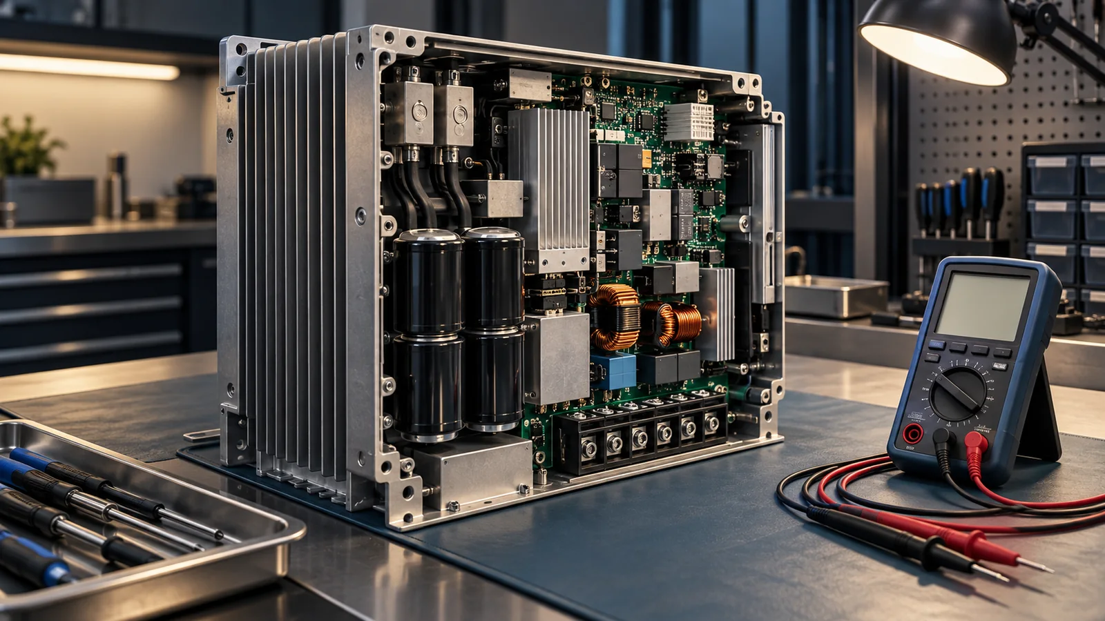 Industrial inverter opened for assessment on an electronics repair bench